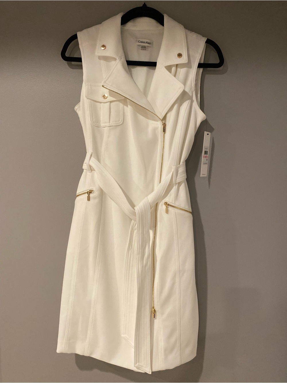 Calvin Klein Cream Sleeveless Zip-Front Belted Dress with Gold Hardware